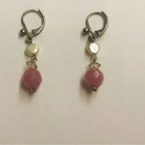 New Silver Color Dangle Earrings Pink Bead Faux Pearl Lever-back Closure